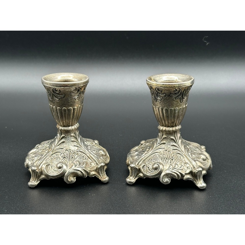 Vintage Ornate Silver Tone Candle Holders Pair Made in Japan Baroque 3.5" Set
